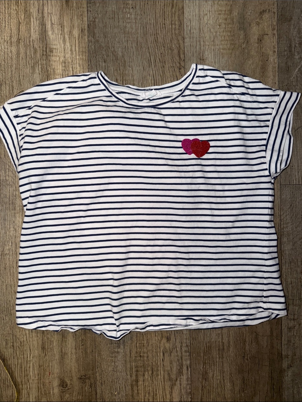Cynthia Rowley White and Navy Striped Tee with Pink & Red Heart Patches